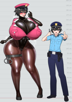 1boy 1girl before_and_after black_hair black_leotard black_shoes bodysuit breast_expansion breasts breath cameltoe fellatio_gesture genderswap genderswap_(mtf) gigantic_breasts hat height_difference high_heels impossible_bodysuit impossible_clothes impossible_leotard leotard original peaked_cap pink_shirt police police_uniform shirt shoes skin_tight stain_goat tall_female thigh_strap