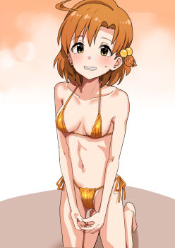1girl ahoge areola_slip bare_arms bare_legs barefoot bikini blush breasts collarbone grin hair_bobbles hair_ornament highres idolmaster idolmaster_million_live! kneeling looking_at_viewer navel norimaki_(haru_koubou) orange_bikini orange_hair short_hair side-tie_bikini_bottom smile solo string_bikini sweatdrop swimsuit yabuki_kana yellow_eyes