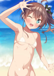 Rule 34 | 1girl, aqua eyes, arm up, armpits, bikini, blurry, blurry background, blush, breasts, brown hair, covered erect nipples, hair ornament, highres, hololive, kazuma (kazumav), long hair, looking at viewer, natsuiro matsuri, navel, ocean, one eye closed, open mouth, outdoors, side ponytail, small breasts, smile, solo, stomach, swimsuit, white bikini