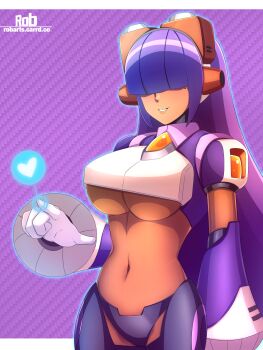 1girl absurdres android armor blunt_bangs breastplate breasts commentary cowboy_shot dark-skinned_female dark_skin english_commentary hair_over_eyes headgear heart highres hime_cut large_breasts layer_(mega_man) long_hair mega_man_(series) mega_man_x_(series) mole mole_under_eye navel parted_lips purple_background purple_hair rob_(robarts) robot_ears robot_girl sidelocks smile solo standing underboob