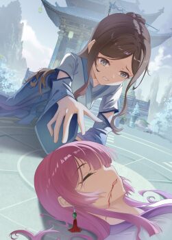 2girls absurdres alternate_costume alternate_hairstyle architecture bagua bang_dream! bang_dream!_it&#039;s_mygo!!!!! blood blood_on_face blue_eyes brown_hair chihaya_anon chinese_clothes chinese_hairpin clenched_teeth closed_eyes crawling earrings east_asian_architecture hanfu highres injury jewelry liangfangliangfangliang looking_at_another lying multiple_girls nagasaki_soyo outdoors parted_bangs pink_hair reaching reaching_towards_another tears teeth trigram