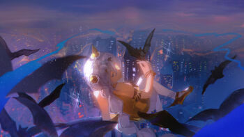 Rule 34 | 1girl, absurdres, alternate costume, animal, animal on hand, back, bare shoulders, bat (animal), blue eyes, blurry, bracelet, braid, city lights, cityscape, cloud, cloudy sky, commission, crossed legs, depth of field, from behind, grey hair, hair between eyes, hair ornament, halloween, hand up, highres, honkai (series), honkai impact 3rd, jewelry, kallen kaslana, long braid, long hair, looking at viewer, looking to the side, mixed-language commentary, night, outdoors, pantyhose, shade, single braid, sitting, sky, sleeveless, smoke, smoke trail, solo, white pantyhose, xiyushiliuguang283