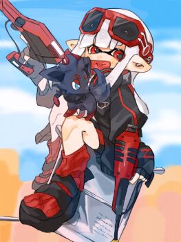 Rule 34 | 1girl, bike shorts, black fur, black jacket, blue eyes, blurry, blurry background, bright pupils, commentary, dot nose, dualie squelchers (splatoon), eyewear on head, gen 5 pokemon, himama rt, holding, holding weapon, inkling, inkling girl, inkling player character, jacket, long hair, nintendo, outdoors, pointy ears, pokemon, pokemon (creature), red-framed eyewear, red eyes, splatoon (series), splatoon 3, sunglasses, symbol-only commentary, tentacle hair, tongue, tongue out, weapon, white hair, white pupils, zorua