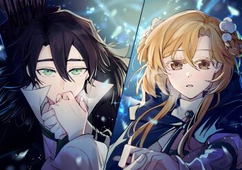 1boy 1girl ascot black_cape black_hair blush braid braided_hair_rings breath brooch brown_eyes cape coat fur-trimmed_coat fur_trim green_ascot green_eyes hair_rings hetero highres jewelry kiss kissing_hand long_sleeves orange_hair parted_lips quiver rose_fryberg shirt short_hair_with_long_locks snow szlljxk upper_body volcano_princess white_shirt ze_(volcano_princess)