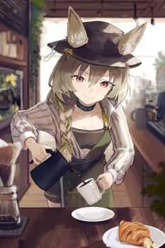 1girl absurdres animal_ear_fluff apron arknights beanstalk_(arknights) black_apron black_choker black_hat black_shorts black_tube_top blurry blurry_background blurry_foreground braid breasts brown_eyes brown_hair cafe choker cleavage closed_mouth coffee coffee_maker commentary croissant cup depth_of_field domesticated_metal_crab_(arknights) ears_through_headwear ema_(kuguiema) fedora food hair_between_eyes hand_up hat highres holding holding_cup holding_kettle hyena_ears hyena_girl indoors infection_monitor_(arknights) kettle long_hair long_sleeves looking_at_object open_clothes open_shirt plate pouring puffy_long_sleeves puffy_sleeves shirt short_shorts shorts sidelocks single_braid small_breasts smile solo standing strapless striped_clothes striped_shirt tag tube_top vertical-striped_clothes vertical-striped_shirt