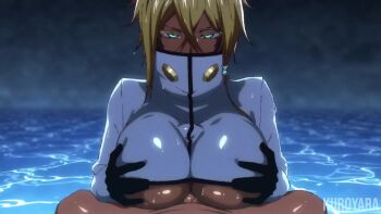 1boy 1girl animated artist_name black_gloves bleach blonde_hair breasts clothed_female_nude_male colored_eyelashes dark-skinned_female dark_skin espada facial_mark gloves green_eyes hentaudio hetero kuroyara large_breasts looping_animation mask medium_hair nude paizuri partially_submerged pov rabblerouser_va shiny_skin spread_legs theblackmissus tier_harribel video water wet