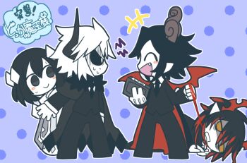 Rule 34 | 1girl, 3boys, black hair, black horns, black sclera, black suit, book, cape, chibi, chibi only, closed eyes, colored sclera, deformed, demon horns, dotted background, etihw (funamusea), fang, formal clothes, full body, funamusea, fur collar, grey horns, haiiro teien, holding, holding book, holding leash, horns, hug, hug from behind, ivlis (funamusea), kcalb (funamusea), leash, lying, messy hair, multicolored hair, multiple boys, necktie, nervous, on ground, open mouth, pointy ears, polka dot, purple background, red cape, red hair, red horns, satanick (funamusea), short hair, smile, suit, sweatdrop, usamasuku, white hair