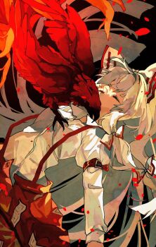 1girl arm_belt belt bird black_background blunt_bangs bow closed_eyes collared_shirt commentary_request cowboy_shot embers fire fujiwara_no_mokou hair_bow highres leaning_back long_hair long_sleeves multiple_hair_bows open_fly pants phoenix popped_collar red_belt red_pants shinjitsu_no_kuchi shirt solo suspenders touhou white_bow white_hair white_shirt