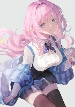 1girl black_skirt black_thighhighs blue_eyes blue_shawl blue_skirt bow bowtie breasts bubble_tea buttons center_frills closed_mouth collared_shirt commentary cowboy_shot cup disposable_cup double-breasted drinking_straw elysia_(coco)_(honkai_impact) elysia_(honkai_impact) english_commentary fingernails frills grey_background hair_intakes high-waist_skirt highres holding holding_cup honkai_(series) honkai_impact_3rd kagefumi large_breasts long_hair looking_at_viewer off_shoulder official_alternate_costume pink_hair pink_pupils plaid_clothes plaid_shawl pointy_ears purple_bow purple_bowtie revision shawl shirt signature simple_background skindentation skirt smile solo suspender_skirt suspenders thighhighs underbust white_background white_shirt zettai_ryouiki