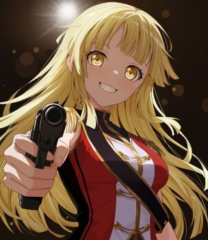 1girl absurdres aiming aiming_at_viewer backlighting band_uniform bang_dream! blonde_hair blush buttons chinese_commentary commentary_request double-breasted epaulettes floating_hair gun handgun hello_happy_world! highres holding holding_gun holding_weapon long_hair looking_at_viewer red_vest sidelocks sleeveless smile solo swept_bangs tsurumaki_kokoro upper_body vest weapon xiongji_z_z yellow_eyes