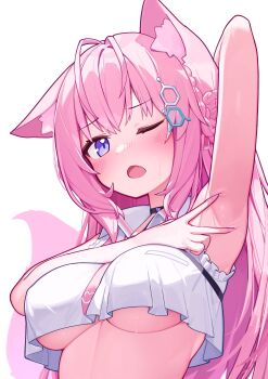 1girl :o absurdres animal_ears antenna_hair arm_behind_head armpits blush breasts collared_shirt cropped_shirt deaver fang fox_ears fox_girl hakui_koyori highres hololive long_hair looking_at_viewer medium_breasts nail_polish one_eye_closed open_collar open_mouth pink_hair pink_nails presenting_armpit purple_eyes shirt sidelocks solo spread_armpit stomach underboob upper_body virtual_youtuber white_shirt