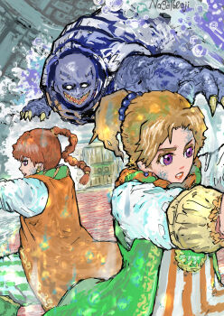 artist_name blonde_hair braid braided_ponytail brother_and_sister brown_hair claws final_fantasy final_fantasy_iv furrowed_brow green_pants green_tunic hair_bobbles hair_ornament highres monster naga160oji orange_tunic outstretched_arms palom pants parted_lips ponytail porom purple_eyes shirt siblings tunic twins white_eyes white_shirt