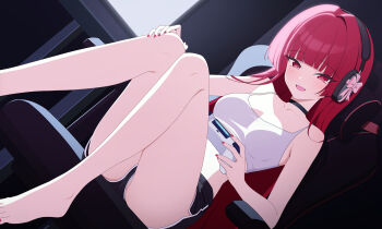 1girl absurdres ass bare_arms bare_legs bare_shoulders barefoot black_choker black_shorts blunt_bangs breasts camisole chair choker commentary controller crop_top dolphin_shorts dutch_angle feet game_controller gaming_chair hanavi hand_on_own_knee headphones highres holding holding_controller holding_game_controller kashiwa_ruvi knees_up long_hair looking_at_viewer medium_breasts micro_shorts midriff nail_polish open_mouth panties panty_peek red_eyes red_hair red_nails schwarz_rubin shirt short_shorts shorts sitting sleeveless sleeveless_shirt smile solo swivel_chair thighs toes underwear very_long_hair virtual_youtuber white_shirt