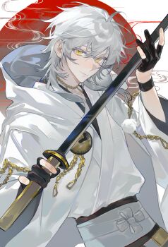 Rule 34 | 1boy, absurdres, black gloves, chinese commentary, chunjinran000, closed mouth, colored eyelashes, commentary request, gloves, gold choker, grey sash, hair between eyes, half gloves, highres, holding, holding sword, holding weapon, japanese clothes, kimono, long sleeves, male focus, obi, partially fingerless gloves, sash, smile, solo, sword, touken ranbu, tsurumaru kuninaga, upper body, weapon, white hair, white kimono, yellow eyes