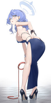 1girl absurdres ako_(blue_archive) ako_(dress)_(blue_archive) animal_collar ass backless_dress backless_outfit berserker_r black_hairband black_panties black_shoes blue_archive blue_dress blue_eyes blue_hair blue_halo blush breasts collar cuffs dress earrings floor hair_between_eyes hairband halo handcuffs high_heels highres holding holding_collar jewelry kneepits large_breasts leash long_hair looking_at_viewer official_alternate_costume open_mouth panties patent_heels pumps shoes sleeveless sleeveless_dress solo standing stiletto_heels underwear