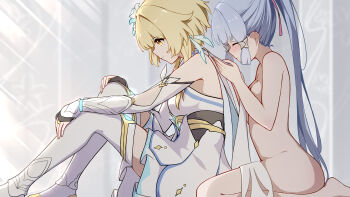 2girls absurdres ayaka_(genshin_impact) black_gloves blonde_hair blue_hair blush breasts closed_eyes closed_mouth commentary_request completely_nude dress flower genshin_impact gloves hair_between_eyes hair_flower hair_ornament highres long_hair lumine_(genshin_impact) mole mole_under_eye multiple_girls mxirony nude thighhighs white_dress white_sleeves white_thighhighs yellow_eyes yuri