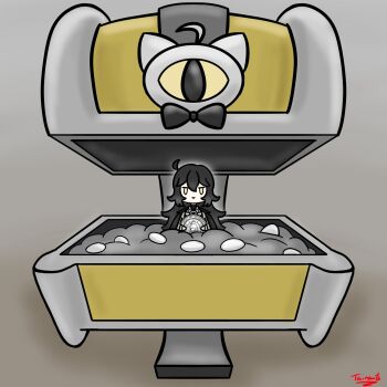Rule 34 | 1girl, black bow, black bowtie, black coat, black hair, bow, bowtie, coat, coin, gimmighoul, grey shirt, grimmi (vtuber), hair between eyes, highres, holding, holding coin, indie virtual youtuber, long hair, nintendo, open mouth, pale skin, pokemon, pokemon (creature), shirt, silver coin, tairants, treasure chest, virtual youtuber, yellow eyes