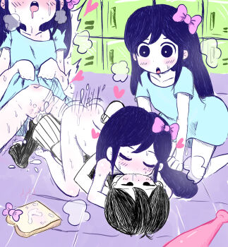1boy 3girls ahegao aqua_shirt aubrey_(headspace)_(omori) aubrey_(omori) baseball_bat black_eyes black_hair blush bow bread bread_slice clone completely_nude cum food hair_bow heart highres kiss kodomo_doushi locker locker_room loli long_hair mskdabc multiple_girls nude omori omori_(omori) open_mouth purple_eyes purple_hair pussy pussy_juice saliva sex shirt shota steam toast