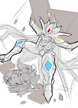 Rule 34 | 1girl, armor, armored boots, armored gloves, armored leotard, boots, boulder, breasts, butterfly wings, carrying, digimon, digimon (creature), fur collar, helmet, high heels, highres, hudiemon, insect wings, koromon, leotard, long hair, medium breasts, one eye closed, palmon, ph6xeivbgpimggg, rock, shoulder armor, sketch, skirt, spot color, spread legs, wings