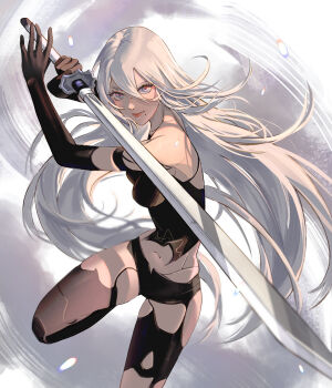 1girl a2_(nier:automata) android armlet bare_shoulders black_gloves black_shorts black_tank_top black_thighhighs breasts commentary cowboy_shot crop_top elbow_gloves english_commentary eye_trail fighting_stance floating_hair gloves grey_eyes hair_between_eyes highres holding holding_sword holding_weapon jewelry joints katana light_trail long_hair looking_at_viewer medium_breasts midriff mole mole_under_mouth navel nier:automata nier_(series) ox_guard robot_joints shadow shiny_skin short_shorts shorts solo sword tank_top thighhighs torn_clothes very_long_hair virtuous_contract weapon white_hair yubuki_i