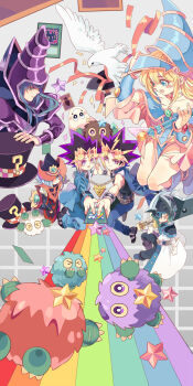 2girls 4boys armor bird black_tabard blonde_hair blue_fur blue_hair blue_hat blue_jacket blue_pants brown_fur card coat cyhgm dark_magician dark_magician_girl dove fake_horns hat helmet highres holding holding_sword holding_wand holding_weapon horned_helmet horns jacket kuriboh magical_hats_(yu-gi-oh!) marshmallon millennium_puzzle multicolored_hair multiple_boys multiple_girls over_shoulder pants purple_fur purple_hair rainbow silent_magician silent_magician_lv4 silent_swordsman silent_swordsman_lv3 sword sword_over_shoulder tabard wand weapon weapon_over_shoulder white_coat white_fur wizard_hat yu-gi-oh!