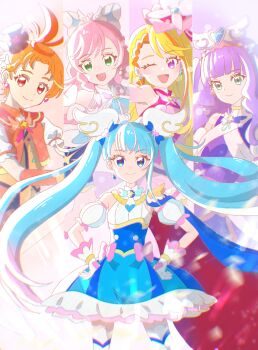 1boy 4girls ;d aqua_eyes ascot black_hat blonde_hair blue_cape blue_eyes blue_hair bow braid braided_bangs brooch butterfly_hat_ornament cape closed_mouth clothing_cutout commentary crown_braid cure_butterfly cure_majesty cure_prism cure_sky cure_wing cut_bangs detached_sleeves dress dress_bow earclip earrings ellee-chan fingerless_gloves frilled_dress frilled_shirt frills gloves gradient_hair green_eyes hair_bow hair_ornament hands_on_own_hips hat hat_ornament highres hijiri_ageha hirogaru_sky!_precure jacket jewelry layered_gloves long_hair looking_at_viewer magical_boy magical_girl mini_hat mini_top_hat mismatched_earrings mob_cap motion_blur multicolored_hair multiple_girls nijigaoka_mashiro one_eye_closed open_mouth orange_gloves orange_hair orange_jacket orange_vest pink_bow pink_hair pink_hat pink_shirt precure puffy_detached_sleeves puffy_short_sleeves puffy_sleeves purple_dress purple_eyes purple_hair red_cape red_eyes shirt short_dress short_sleeves shoulder_cutout side_braids single_earring single_sidelock sleeveless sleeveless_dress sleeveless_shirt smile sora_harewataru standing streaked_hair thighhighs tilted_headwear top_hat twintails two-sided_cape two-sided_fabric two-tone_dress two-tone_hair two_side_up very_long_hair vest white_ascot white_bow white_dress white_gloves white_thighhighs wing_brooch wing_hair_ornament wonderful_tanaka yuunagi_tsubasa