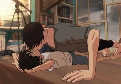 2boys age_difference animated barefoot big_hero_6 bishounen black_hair book brothers commentary_request exercising french_kiss hands_on_another's_face hiro_hamada incest indoors kiss looking_at_another lying male_focus multiple_boys on_back onii-shota push-ups shade shiogochi shota shotadom siblings tadashi_hamada telescope video window wooden_floor yaoi