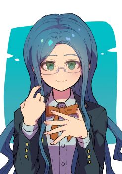 Rule 34 | 1girl, absurdres, blue hair, bow, bowtie, collared shirt, commentary request, danganronpa (series), danganronpa v3: killing harmony, glasses, highres, jacket, long hair, long sleeves, looking at viewer, open clothes, open jacket, school uniform, shirogane tsumugi, shirt, smile, white shirt, youko-shima