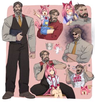 >_< 1boy 4girls :d ^_^ absurdres animal_ears applying_makeup aura beard black_vest blank_eyes blue_overalls braid braided_beard braided_mustache brown_hair brown_shoes buruma carrying carrying_person closed_eyes collared_shirt commentary covered_abs crossed_arms dark_aura dressing_another ear_covers english_commentary facial_hair flower-shaped_pupils grin hair_tie_in_mouth hairband haru_urara_(bestest_prize)_(umamusume) haru_urara_(casual)_(umamusume) haru_urara_(umamusume) headband highres hood hoodie horse_ears horse_girl horse_tail jacket lipstick makeup mouth_hold multiple_girls multiple_views muscular mustache neck_ribbon necktie open_mouth overalls pink_eyes pink_hair ponytail red_buruma red_hairband red_hoodie red_ribbon ribbon shirt shoes short_hair signature sleepcatz sleeves_rolled_up smile symbol-shaped_pupils tail tearing_clothes torn_clothes trainer_(umamusume) umamusume vest white_headband white_jacket white_shirt xd yellow_necktie