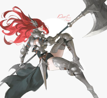 1girl absurdres armor arowana2111 belt black_eyes black_leotard breastplate breasts brown_belt commentary couter cuisses dated_commentary english_commentary floating_hair from_side gauntlets greaves hair_ornament halberd highres holding holding_weapon large_breasts leotard long_hair looking_ahead original pauldrons polearm poleyn red_hair sabaton shoulder_armor simple_background solo weapon white_background
