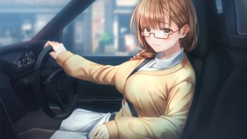 1girl artist_request breasts brown_eyes brown_hair car_interior cardigan closed_mouth commentary_request driving from_side glasses highres koga_nozomi large_breasts long_sleeves looking_at_viewer rectangular_eyewear red-framed_eyewear seatbelt_between_breasts seifuku_kanojo semi-rimless_eyewear sitting smile solo under-rim_eyewear yellow_cardigan