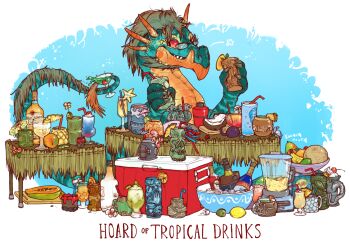Rule 34 | alcohol, artist name, banana, blue scales, border, bottle, brown hair, cantaloupe, cherry, cocktail glass, cocktail shaker, cocktail umbrella, coconut, coconut cup, colored sclera, colorful, commentary, commission, creature, creature focus, cthulhu, cup, dragon, drink, drinking glass, drinking straw, english commentary, english text, fantasy, food, fruit, fruit as cup, fruit bowl, garnish, glass, glasses, holding, holding cup, horns, ice, ice cube, iguanamouth, juice, kiwi (fruit), kiwi slice, melon, no humans, orange (fruit), orange horns, orange scales, orange slice, original, papaya, pina colada, pineapple, pineapple slice, prehensile tail, red eyes, red sclera, rum, sharp teeth, smile, starfruit, starfruit slice, tail, teeth, totem, tropical drink, whipped cream, white border