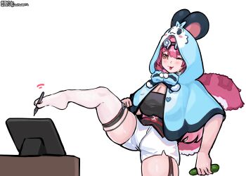 1girl ;3 absurdres artist_name black_shirt blaparky blue_capelet blue_hood blush breasts capelet chattino_(raora_panthera) cleavage commentary cucumber drawing_tablet english_commentary fang feet garter_straps goggles goggles_on_head highres holding holding_stylus holding_with_feet hololive hololive_english hood hooded_capelet huge_breasts leg_up long_hair no_shoes one_eye_closed open_mouth panther_girl panther_tail pink_hair pink_tail raora_panthera raora_panthera_(1st_costume) shirt shorts simple_background single_garter_strap single_thighhigh solo stylus tail thigh_strap thighhighs thighs toes twitter_username virtual_youtuber white_background white_shorts white_thighhighs yellow_eyes