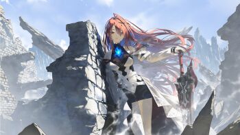 1girl ahoge asymmetrical_dress bare_shoulders blue_fire blue_hair breasts brick_wall colored_inner_hair commentary_request day dress elizabeth_rose_bloodflame elizabeth_rose_bloodflame_(1st_costume) fagi_(kakikaki) fire fire_on_chest floating_hair greatsword halterneck hand_on_hilt hand_rest hashtag-only_commentary highres hololive hololive_english huge_ahoge leaning_on_object long_hair looking_at_viewer medium_breasts multicolored_hair outdoors parted_lips planted planted_sword planted_weapon red_eyes red_hair rubble see-through_clothes see-through_dress sidelocks solo sunlight sword thorn_(elizabeth_rose_bloodflame) virtual_youtuber weapon white_dress