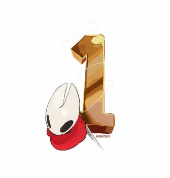 1girl arthropod_girl artist_name ben-day_dots black_eyes chinese_commentary cloak commentary_request countdown film_grain from_above full_body highres hightguy hollow_knight hollow_knight:_silksong hornet_(hollow_knight) horns needle_(hollow_knight) number_focus red_cloak screentones simple_background solo thread white_background