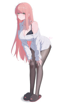 1girl absurdres animal_slippers bare_shoulders black_bra black_pantyhose blunt_bangs blush bra bra_strap breasts cleavage closed_mouth collared_shirt commentary drawn_tail full_body green_eyes green_nails hands_on_own_knees highres large_breasts leaning_forward long_hair long_sleeves looking_at_viewer messy_hair mole mole_on_breast mole_under_eye nail_polish original pantyhose pig_tail pige_pig pink_hair shirt sidelocks simple_background single_bare_shoulder sleeves_past_wrists slippers solo standing standing_on_one_leg tail thighband_pantyhose underwear very_long_hair white_background white_shirt