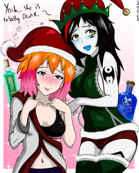 2girls absurdres alcohol animal_ears arms_up breasts brown_eyes cat_ears cat_girl christmas colored_skin cpt.tester_works drinking drunk elf_hat elora_(cpt.tester) hat highres holiday holidays kiwi_(cpt.tester) large_breasts looking_at_another looking_at_viewer multicolored_hair multiple_girls orange_eyes orange_hair pale_skin pink_hair red_hair santa_hat small_breasts speech_bubble tattoo thighhighs tongue tongue_out underwear vodka white_skin
