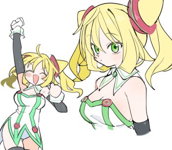 1girl :d ^_^ ahoge arm_up black_gloves black_thighhighs blonde_hair breasts cleavage clenched_hand closed_eyes cowboy_shot cropped_arms cropped_torso detached_collar elbow_gloves facing_viewer gloves green_eyes hacka_doll hacka_doll_1 highres kokaki_mumose layered_gloves looking_at_viewer medium_breasts multiple_views open_mouth side_slit sideways_glance simple_background smile thighhighs twintails white_background
