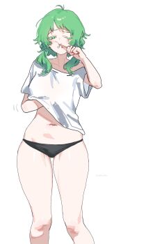 1girl absurdres bare_legs black_panties brushing_teeth green_eyes green_hair gumi highres nako_nko navel panties shirt short_hair_with_long_locks solo underwear vocaloid white_shirt