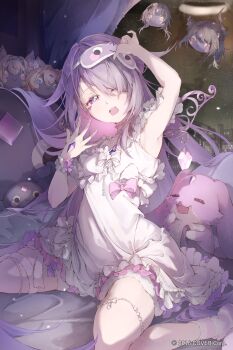 Rule 34 | 1girl, absurdres, arm up, armpits, asahi tsujino, bad id, bad twitter id, chemise, colored inner hair, detached wings, frills, full body, gem, geow (koseki bijou), gradient hair, grey hair, hair flaps, hair over one eye, hand up, highres, hololive, hololive english, jewel under eye, koseki bijou, koseki bijou (pebble pajamas), long hair, looking at viewer, mask, mask on head, multicolored hair, no shoes, official alternate costume, official alternate hairstyle, official art, open mouth, pebble (koseki bijou), pink hair, purple eyes, purple gem, purple hair, short shorts, shorts, sitting, sleep mask, solo, striped clothes, swept bangs, very long hair, virtual youtuber, white chemise, wings