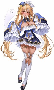 Rule 34 | 1girl, alternate costume, alternate hairstyle, blonde hair, breasts, dark-skinned female, dark skin, fang, full body, ghost, hololive, jiangshi, jiangshi costume, large breasts, long hair, open mouth, pointy ears, rum raisin (chihiromakita19), shiranui flare, shoes, sleeves past wrists, smile, thighhighs, virtual youtuber, white background