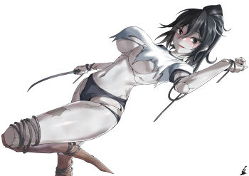 1girl absurdres ayakakashi black_eyes black_hair bloomers blue_buruma breasts buruma cracked_skin curvy doll_joints gym_uniform highleg highleg_buruma highres holding holding_weapon joints large_breasts looking_at_viewer monster_girl navel ponytail scarecrow signature silent_hill_(series) silent_hill_f simple_background thong torahime_(roland00) underboob underwear weapon wide_hips