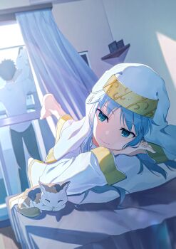 1boy 1girl a_certain_high_school_uniform absurdres balcony barefoot black_hair cat clothes_hanger commentary_request foot_up green_eyes grey_hair highres index_(toaru_majutsu_no_index) indoors long_hair lying nun on_stomach pension_z robe school_uniform short_hair smile sphinx_(toaru_majutsu_no_index) spiked_hair toaru_majutsu_no_index white_robe wimple