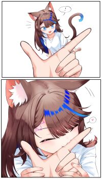 ! 1girl :d ^_^ absurdres airi_kanna animal_ears biting biting_another&#039;s_finger biting_finger blue_eyes blue_hair cat_ears cat_girl cat_tail closed_eyes hand_grab heart highres kemonomimi_mode long_hair open_mouth pov pov_hands shirt short_sleeves simple_background smile snoot_challenge spoken_exclamation_mark spoken_heart sseonyu stellive tail trembling virtual_youtuber white_background white_shirt