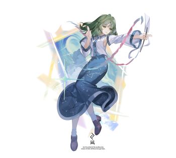 Rule 34 | 1girl, ankle socks, bare shoulders, blue shoes, blue skirt, breasts, commentary, detached sleeves, full body, gohei, green eyes, green hair, highres, kochiya sanae, loafers, long skirt, long sleeves, medium breasts, parted lips, reeh (yukuri130), shirt, shoes, skirt, socks, solo, touhou, touhou hisoutensoku, white shirt, white sleeves, white socks, wide sleeves