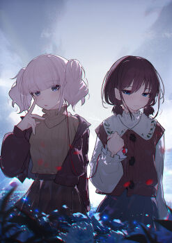 2girls blue_eyes blue_flower blue_rose blush brown_hair brown_skirt brown_sweater cardigan chinese_commentary chromatic_aberration closed_mouth commentary_request earphones field flower flower_field girls_band_cry grey_eyes highres hina_(girls_band_cry) holding holding_earphones iseri_nina jacket long_sleeves low_twintails multiple_girls pink_hair plaid_clothes plaid_skirt pleated_skirt red_cardigan red_jacket rose shared_earphones shirt short_hair short_twintails skirt sweater turtleneck turtleneck_sweater twintails white_shirt yun_cao_bing
