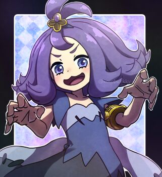 1girl :3 acerola_(pokemon) armlet blush claw_pose commentary_request dot_nose dress eyelashes gold_armlet hair_ornament highres kotobukkii_(yt_lvlv) medium_hair nintendo open_mouth outline patchwork_clothes pokemon pokemon_sm purple_eyes purple_hair short_sleeves smile solo topknot twitter_username v-shaped_eyebrows white_outline