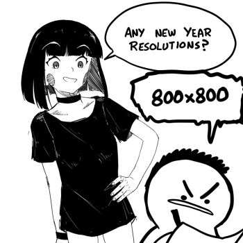 1boy 1girl artist_self-insert blunt_bangs blunt_ends blush_stickers bob_cut chloe_(srgrafo) choker collarbone commentary cowboy_shot english_text fingernails frown greyscale hand_on_own_hip looking_at_another metadata_reference monochrome open_mouth original pun shirt short_hair short_sleeves simple_background speech_bubble srgrafo t-shirt v-shaped_eyebrows white_background wristband