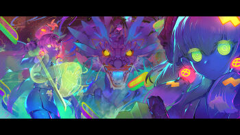 1boy 2girls dragon duel_monster eastern_dragon green_eyes highres horns japanese_clothes kamina_shades kimono letterboxed multiple_girls neon_palette noh-p.u.n.k._deer_note noh-p.u.n.k._ze_amin riding_dragon ro_g_(oowack) short_kimono single_horn smile sword ukiyoe-p.u.n.k._amazing_dragon ukiyoe-p.u.n.k._sharakusai ultraviolet_light weapon yellow_eyes yu-gi-oh!
