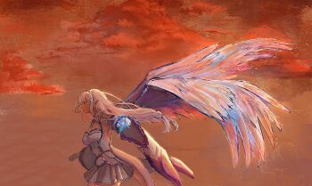 1girl angel angel_wings bird_wings breasts cleavage closed_mouth commentary_request cryokinesis dress elf emilia_(re:zero) fantasy feathered_wings flower gem grey_hair hair_ornament hair_ribbon highres ice ice_crystal ice_shard long_hair looking_afar magic orange_background orange_clouds pointy_ears princess purple_ribbon re:zero_kara_hajimeru_isekai_seikatsu ribbon rose skirt smile solo white_flower white_rose white_skirt white_wings wings yuhaku